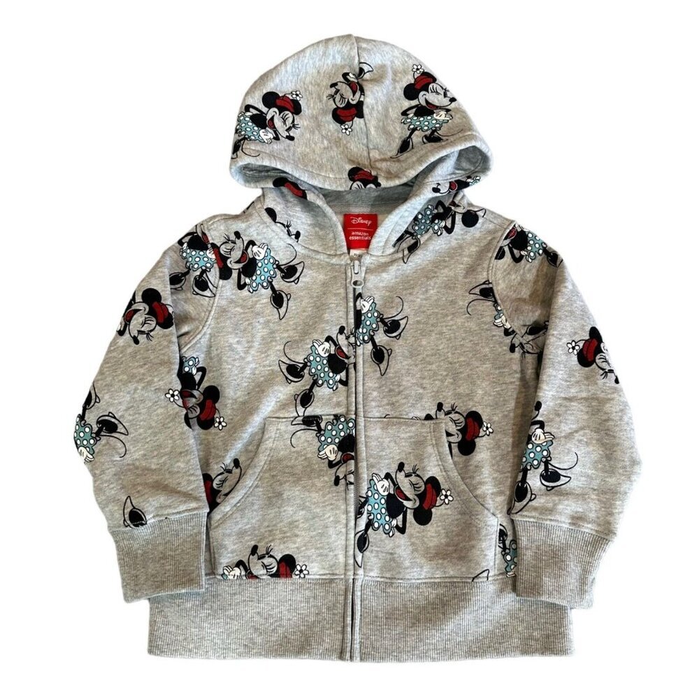 Disney Essentials Girls 4/5 Minnie Mouse Gray Zip Up Hoodie All Over Print NEW